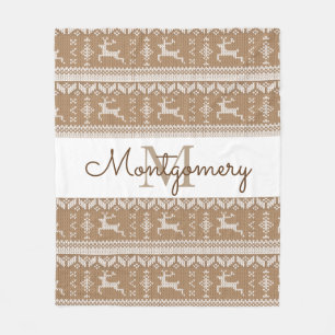 Taupe & White Reindeer Nordic Sweater Pattern Fleece Blanket