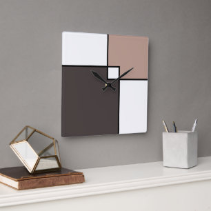 Taupe White Squares Square Wall Clock