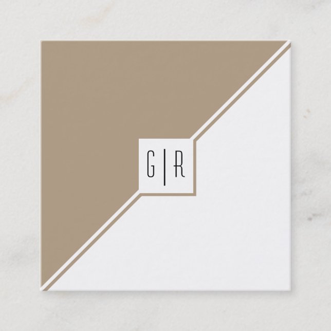 Taupe, white triangles, monogram modern geometric square business card (Front)