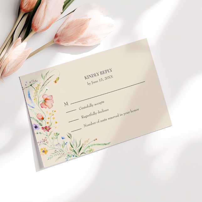 Taupe Wildflower Meadow Wedding RSVP Card (Taupe Wildflower Meadow Wedding RSVP Card on a sunny table with pale pink flowers.)
