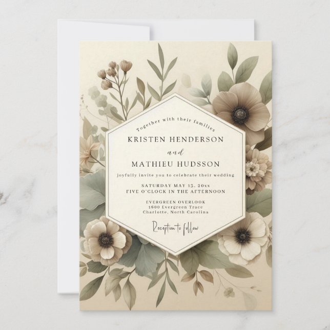 Taupe Woodland Bloom Wedding Invitation (Front)