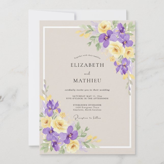 Taupe Yellow Iris Eucalyptus Wedding Invitation (Front)