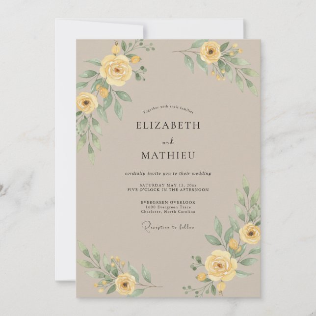 Taupe Yellow Ranunculus Eucalyptus Wedding Invitation (Front)