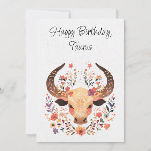 Taurus Bull Zodiac Boho Floral Birthday Card