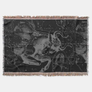 Taurus Constellation Hevelius 1690 on Black Throw Blanket