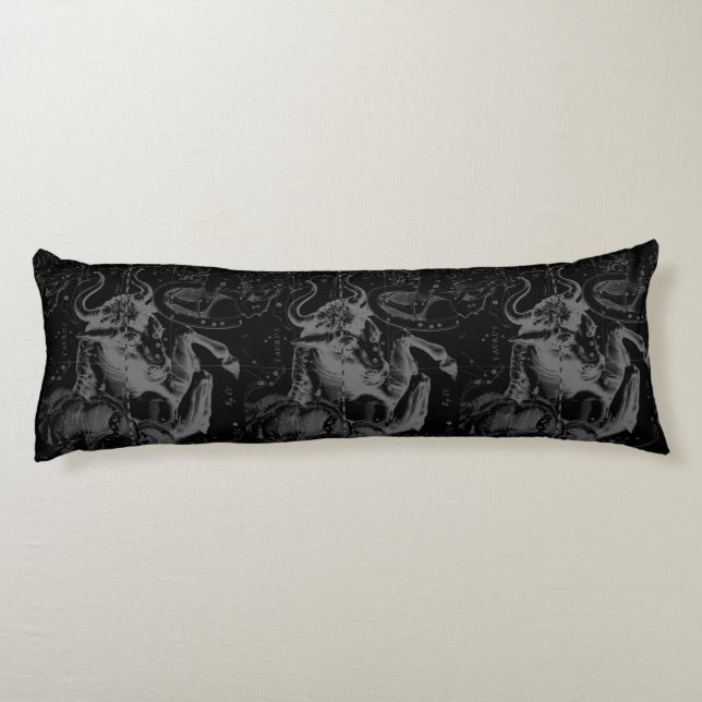Taurus Constellation Map Hevelius 1690 on Black Body Pillow (Back)