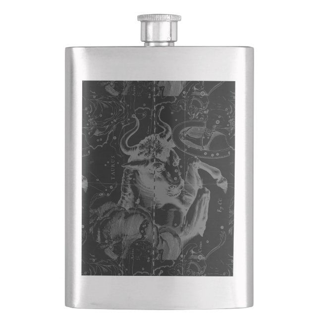 Taurus Constellation Map Hevelius 1690 on Black Hip Flask (Front)