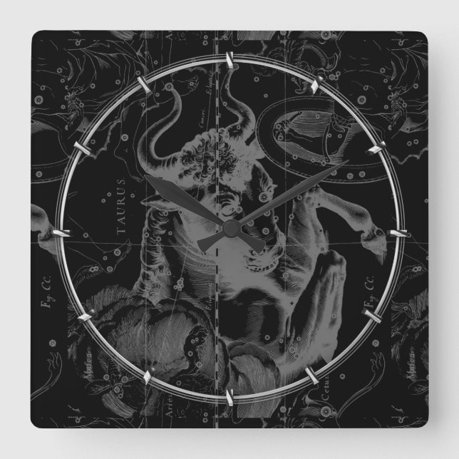 Taurus Constellation Map Hevelius 1690 on Black Square Wall Clock (Front)