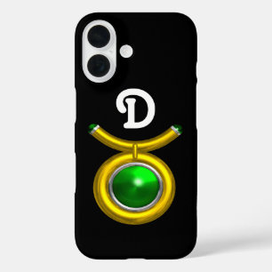 TAURUS /GOLD,GREEN EMERALD ZODIAC JEWEL MONOGRAM iPhone 16 CASE
