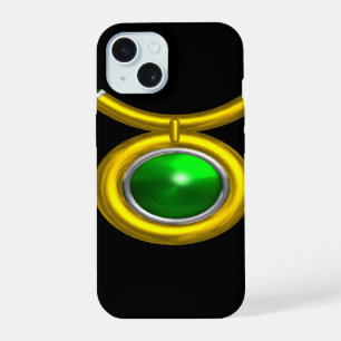 TAURUS /GOLD,GREEN EMERALD ZODIAC SIGN JEWEL iPhone 15 CASE