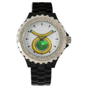 TAURUS GOLD ZODIAC BIRTHDAY JEWEL,Green ,White Watch