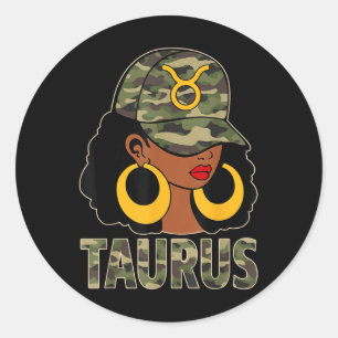 Taurus Queen Black Woman Cap Camoflauge Afro Girl Classic Round Sticker