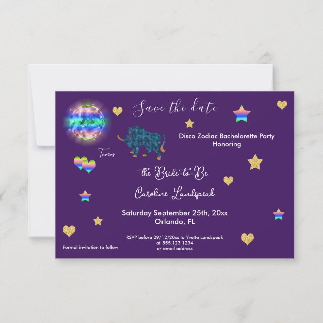 Taurus Sign & Disco Ball Bachelorette Party Save The Date (Front)