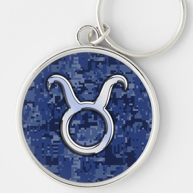 Taurus Sign on Navy Blue Digital Camouflage Keychain (Front)