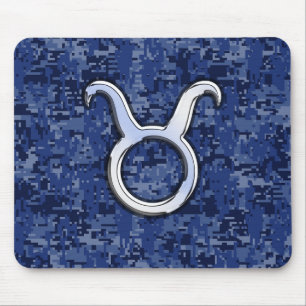Taurus Sign on Navy Blue Digital Camouflage Mouse Pad
