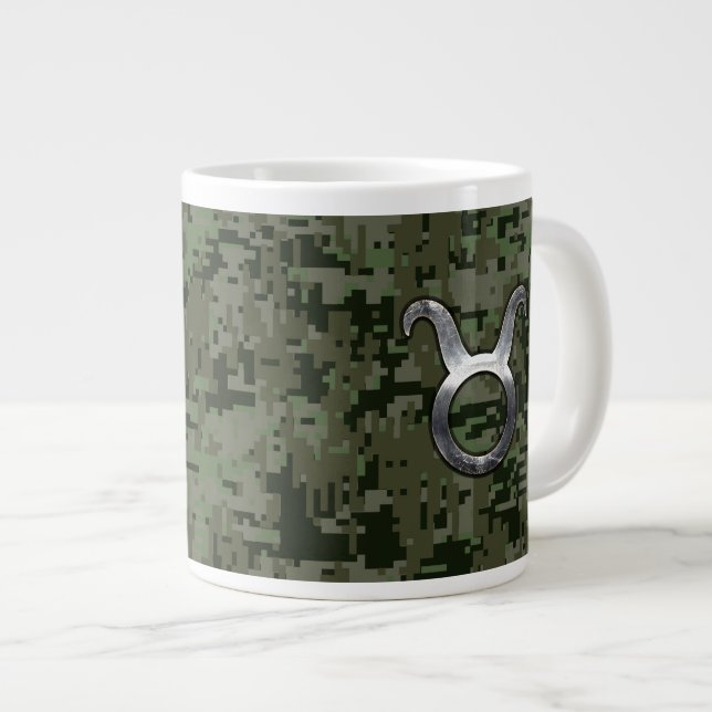 Taurus Sign on Woodland Green Digital Camouflage Large Coffee Mug (Front Right)