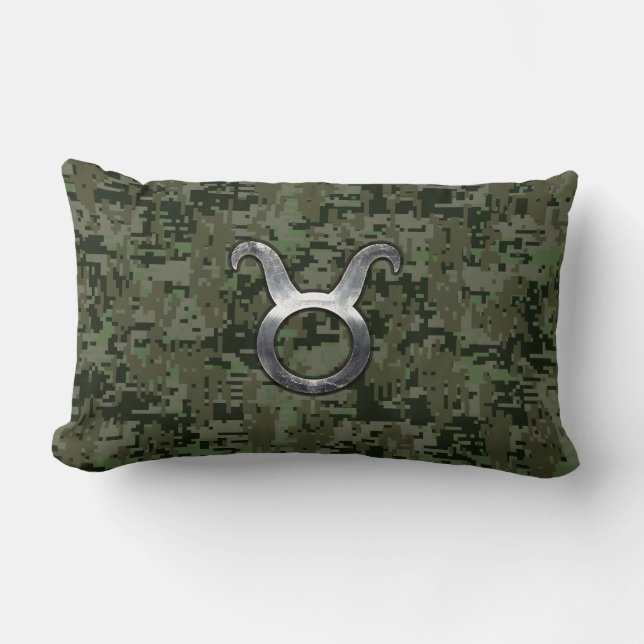 Taurus Sign on Woodland Green Digital Camouflage Lumbar Pillow (Front)