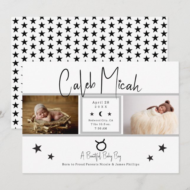Taurus Stars Photo Baby Birth Announcement (Front/Back)