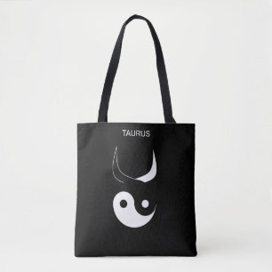 Taurus & Stylish Black & White Yin Yang on Black Tote Bag