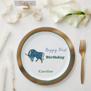 Taurus Zodiac 1st Birthday Gold & Green Artistic Paper Plate