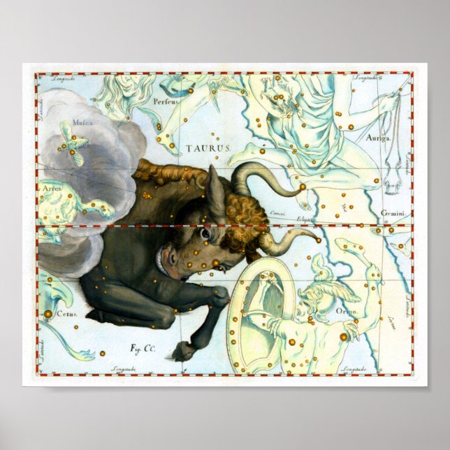 Taurus Zodiac Antique Star Chart Poster (Front)