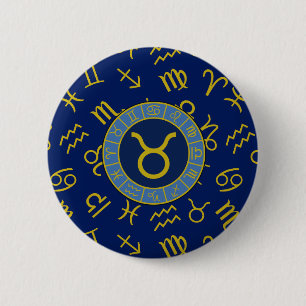 Taurus Zodiac+Astrology Symbols Pattern Gold+Blues 2 Inch Round Button