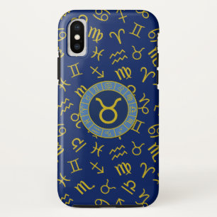 Taurus Zodiac+Astrology Symbols Pattern Gold+Blues Case-Mate iPhone Case