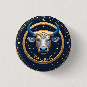 Taurus Zodiac Bull Emblem With Gold Ring 1 Inch Round Button