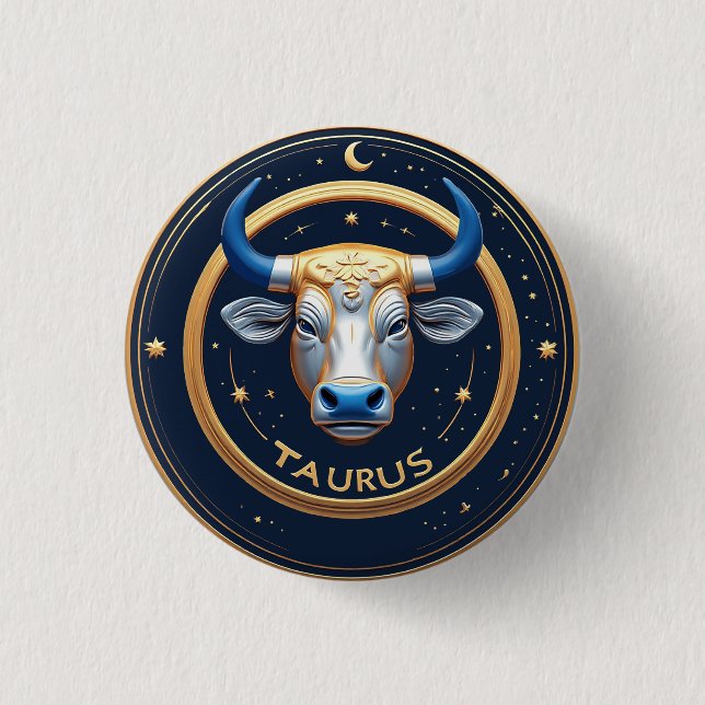 Taurus Zodiac Bull Emblem With Gold Ring 1 Inch Round Button (Front)