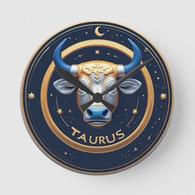 Taurus Zodiac Bull Emblem With Gold Ring Round Clock (Front)