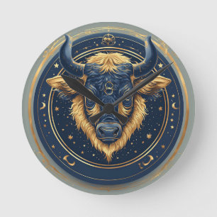 Taurus Zodiac Bull Emblem With Gold Ring Round Clock