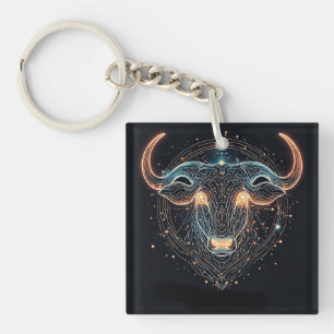 Taurus Zodiac Bull with Glowing Geometric Lines Keychain