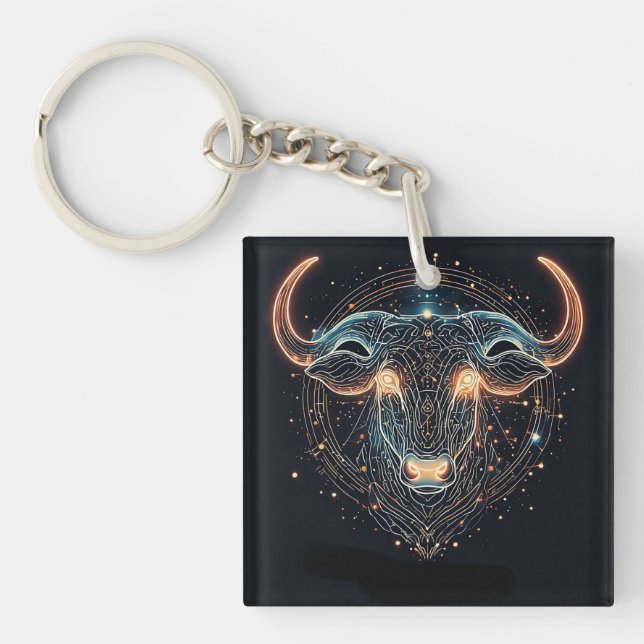 Taurus Zodiac Bull with Glowing Geometric Lines Keychain (Front)