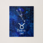 Taurus Zodiac Constellation Blue Galaxy Monogram Jigsaw Puzzle<br><div class="desc">Taurus Zodiac Constellation Blue Galaxy Monogram Design. With trendy Brushed Script Font, Dark blue celestial watercolor background texture, Glowing star constellation, and The Bull symbol. Modern Astrological Sign Birth Horoscope, is perfect for any Taurian Birthday From April 20 - May 20 ! With Optional Monogrammed First Middle and Last name...</div>
