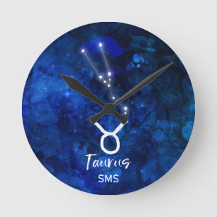 Taurus Zodiac Constellation Blue Galaxy Monogram Round Clock