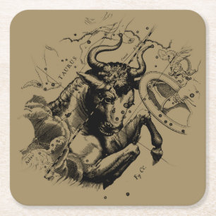 Taurus Zodiac Constellation Hevelius 1690 on Taupe Square Paper Coaster
