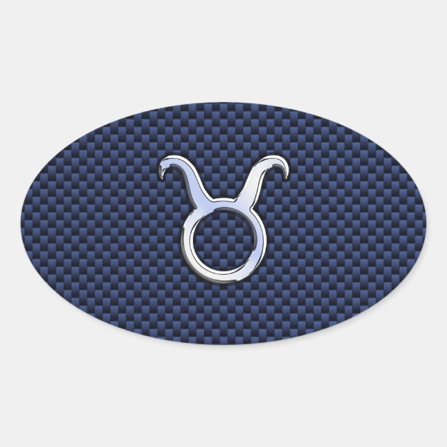 Taurus Zodiac Decor Navy Blue Carbon Fibre Print Oval Sticker (Front)
