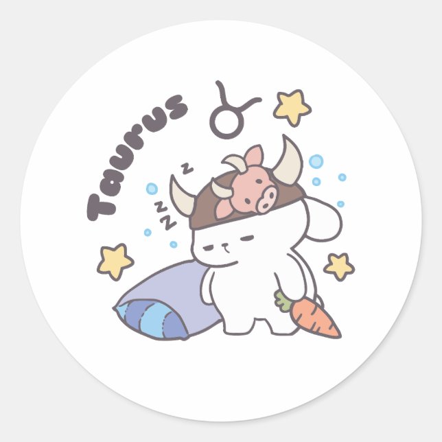 Taurus Zodiac Dreamer - Cute Sleepy Bunny Classic Round Sticker (Front)