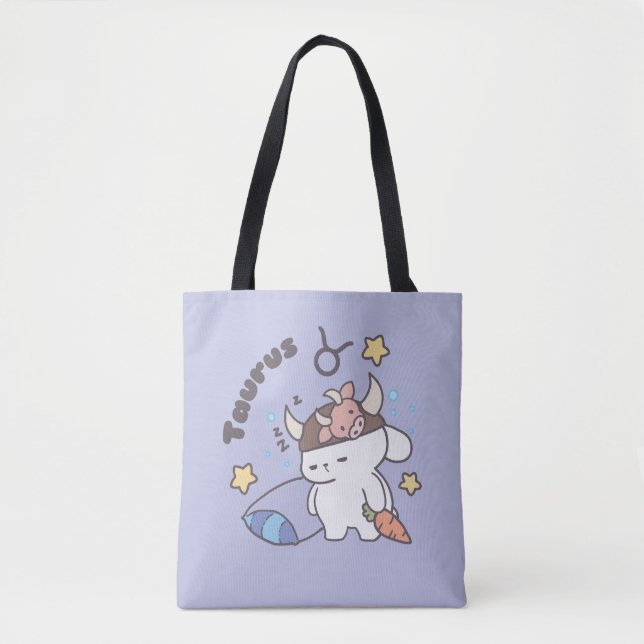 Taurus Zodiac Dreamer - Cute Sleepy Bunny Tote Bag (Front)