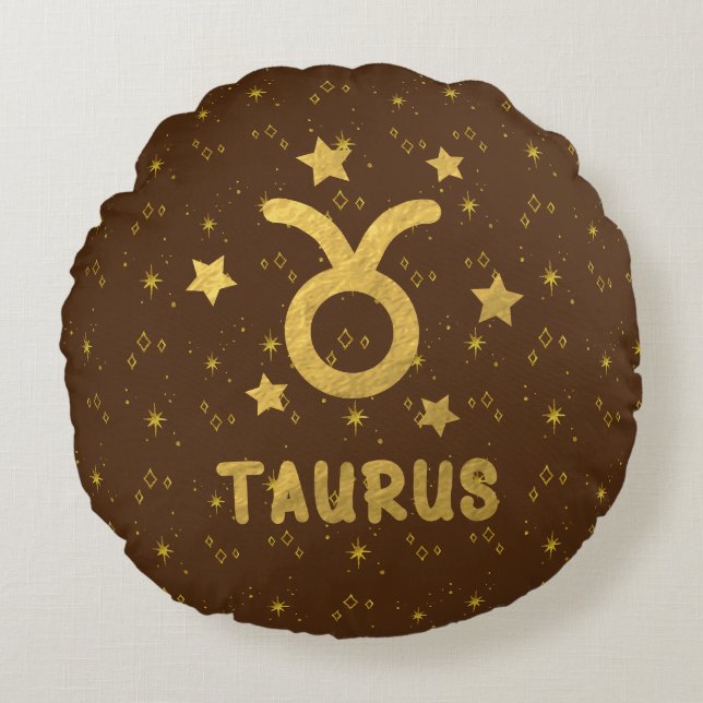 Taurus Zodiac Earthy Brown Round Pillow (Front)