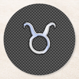 Taurus Zodiac on Charcoal Carbon Fibre Print Round Paper Coaster