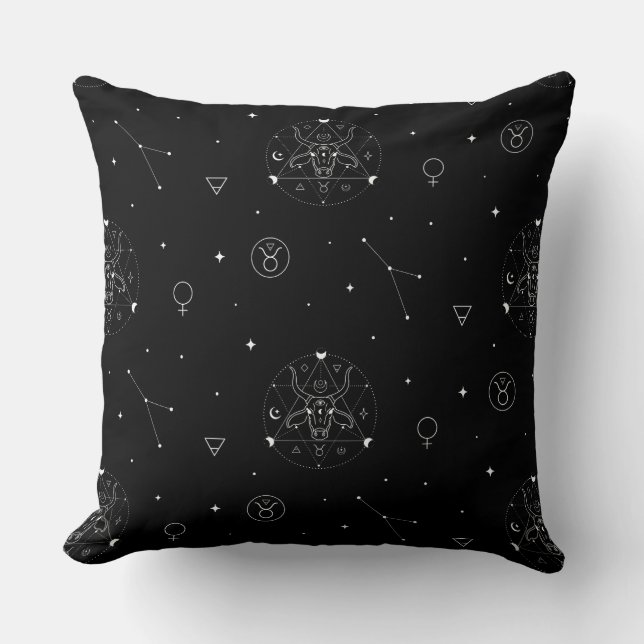 Taurus Zodiac Pattern in Black and White Throw Pillow (Front)