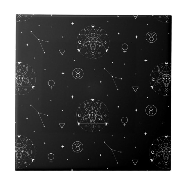 Taurus Zodiac Pattern in Black and White Tile (Front)