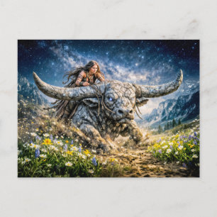 Taurus Zodiac Riding a Mystical Horned Beast Postcard