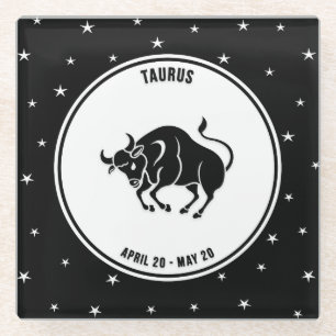 Taurus Zodiac Sign, Black & White Glass Coaster
