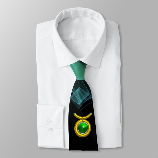 TAURUS ZODIAC SIGN ,BLUE GREEN FRACTAL SWIRLS TIE (Tied)
