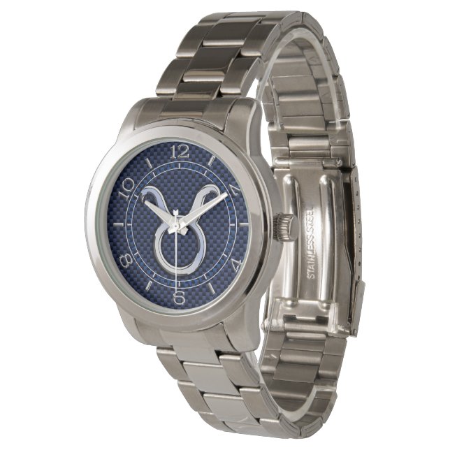 Taurus Zodiac Sign Decor Navy Blue Carbon Dial Watch (Angled)