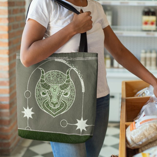Taurus Zodiac Sign Green and White Mandala Tote Bag (Creator Uploaded)
