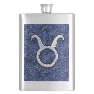 Taurus Zodiac Sign on Blue Digital Camouflage Hip Flask