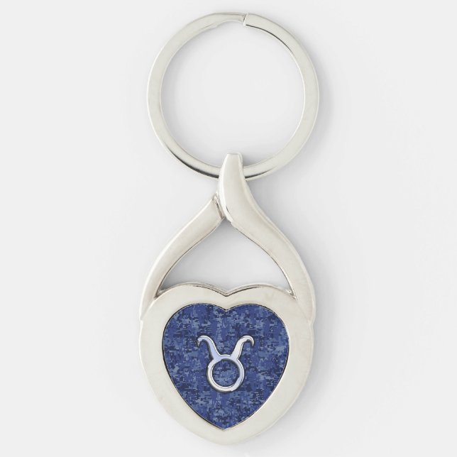 Taurus Zodiac Sign on Blue Digital Camouflage Keychain (Front)
